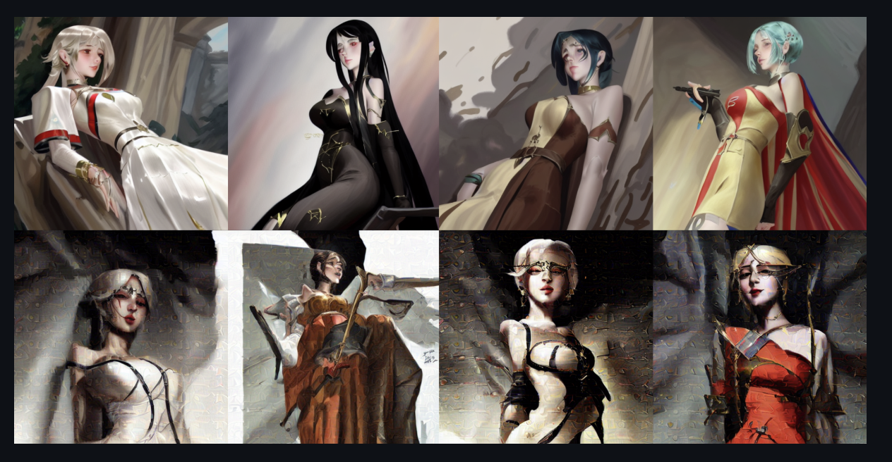 Mist's Effects in User Cases. The first row: Lora generation from source images. The second row: Lora generation from Mist-treated samples. Mist V2 significantly disrupts the output of the generation, effectively protecting artists' images.